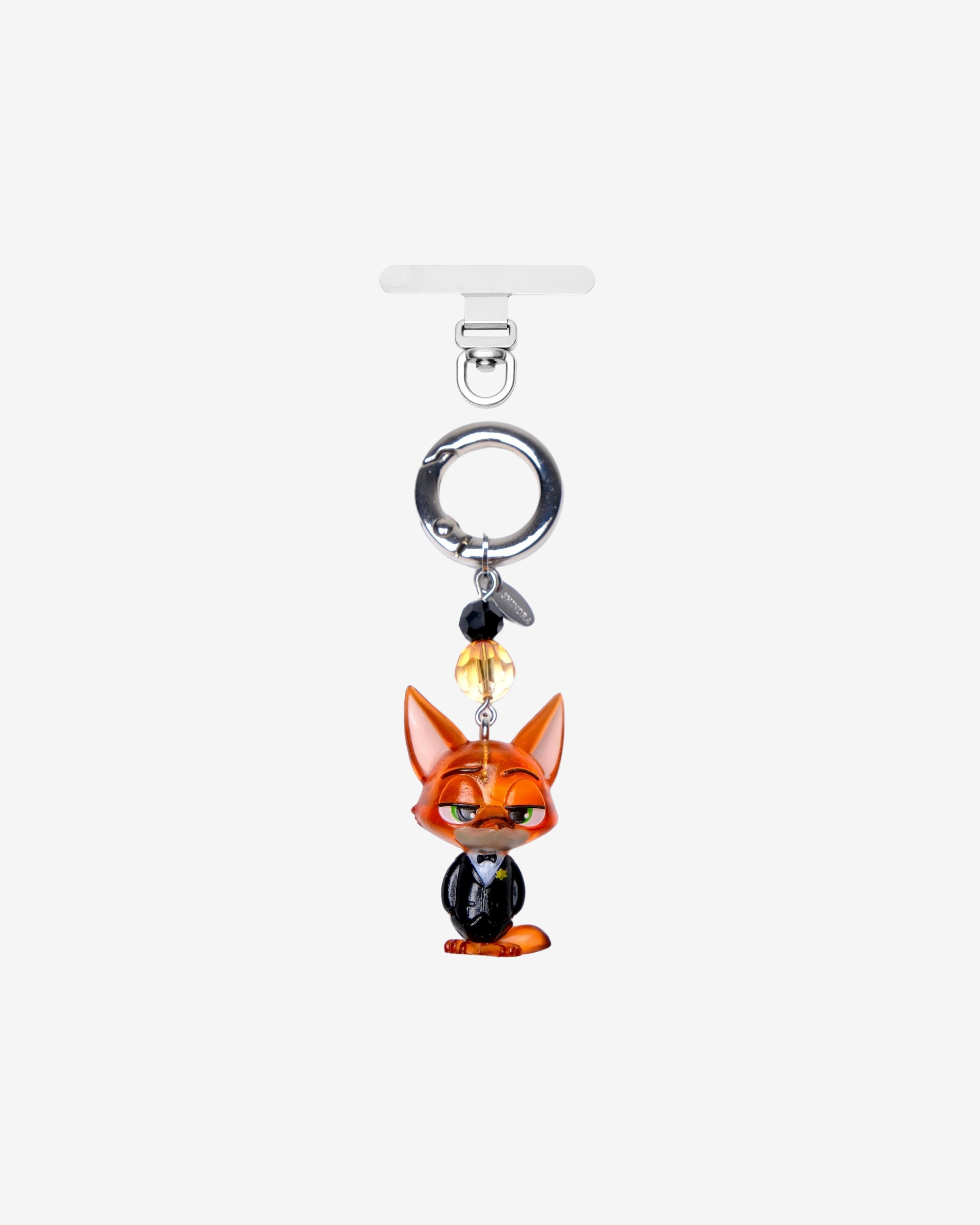 Orange fox character phone charm with a small crystal accent, silver ring and clear attachment tab.