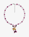 Handmade pink and purple Swarovski crystal and pearl charm necklace with vintage bow pendant - flat lay