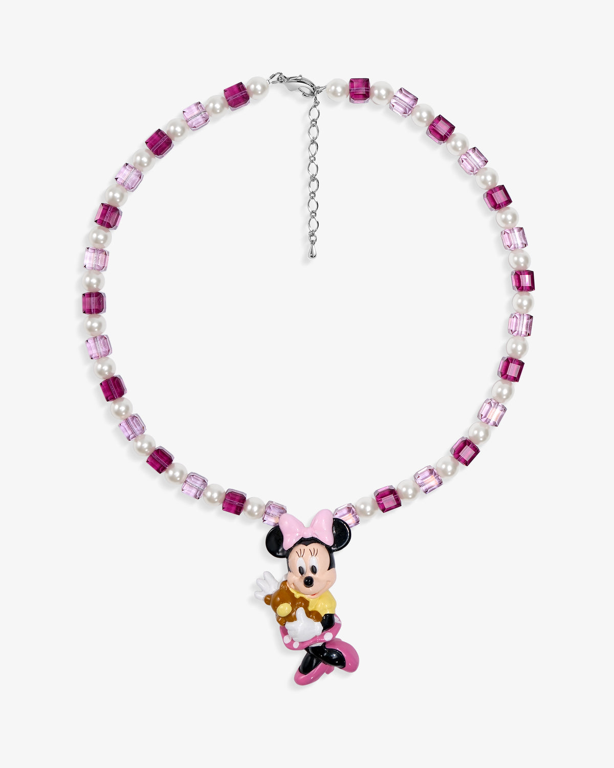 Handmade pink and purple Swarovski crystal and pearl charm necklace with vintage bow pendant - flat lay