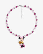 Handmade pink and purple Swarovski crystal and pearl charm necklace with vintage bow pendant - flat lay