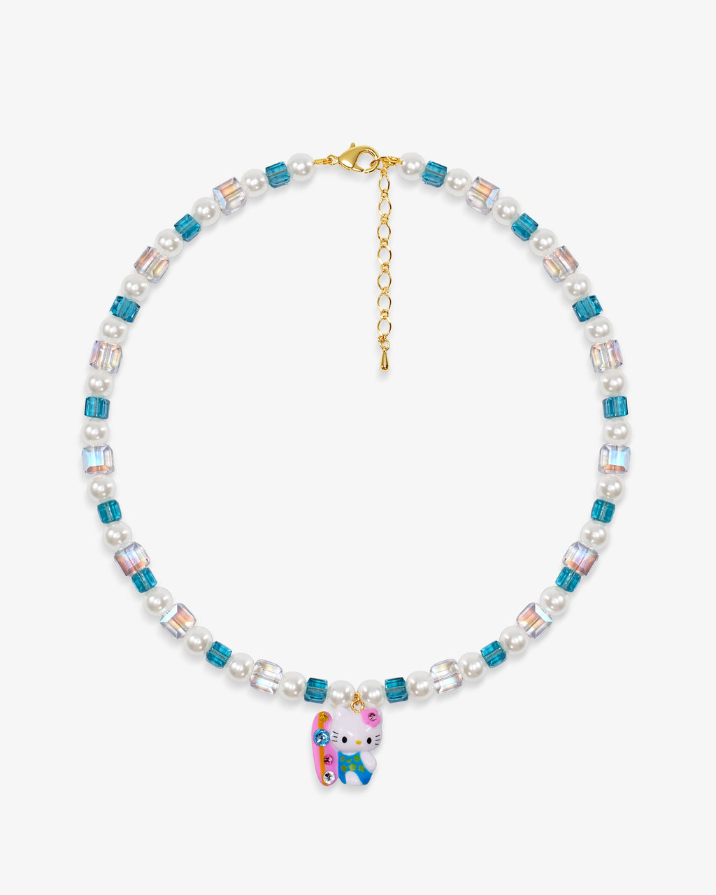 Handmade aqua blue Swarovski crystal and pearl charm necklace with vintage pendant - flat lay