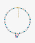 Handmade aqua blue Swarovski crystal and pearl charm necklace with vintage pendant - flat lay