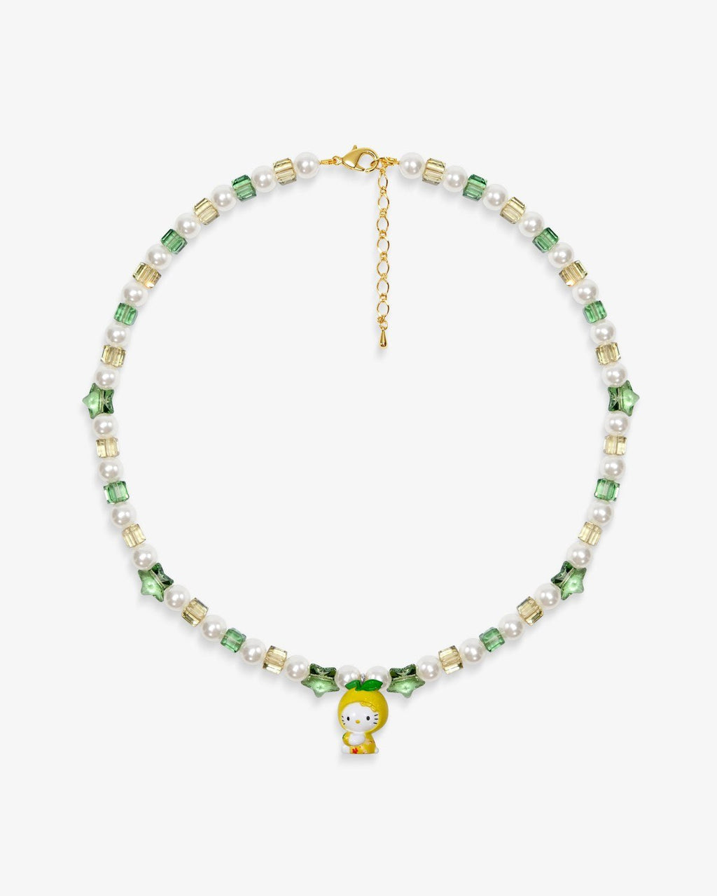 Handmade green and yellow Swarovski crystal and pearl charm necklace with vintage pendant - flat lay