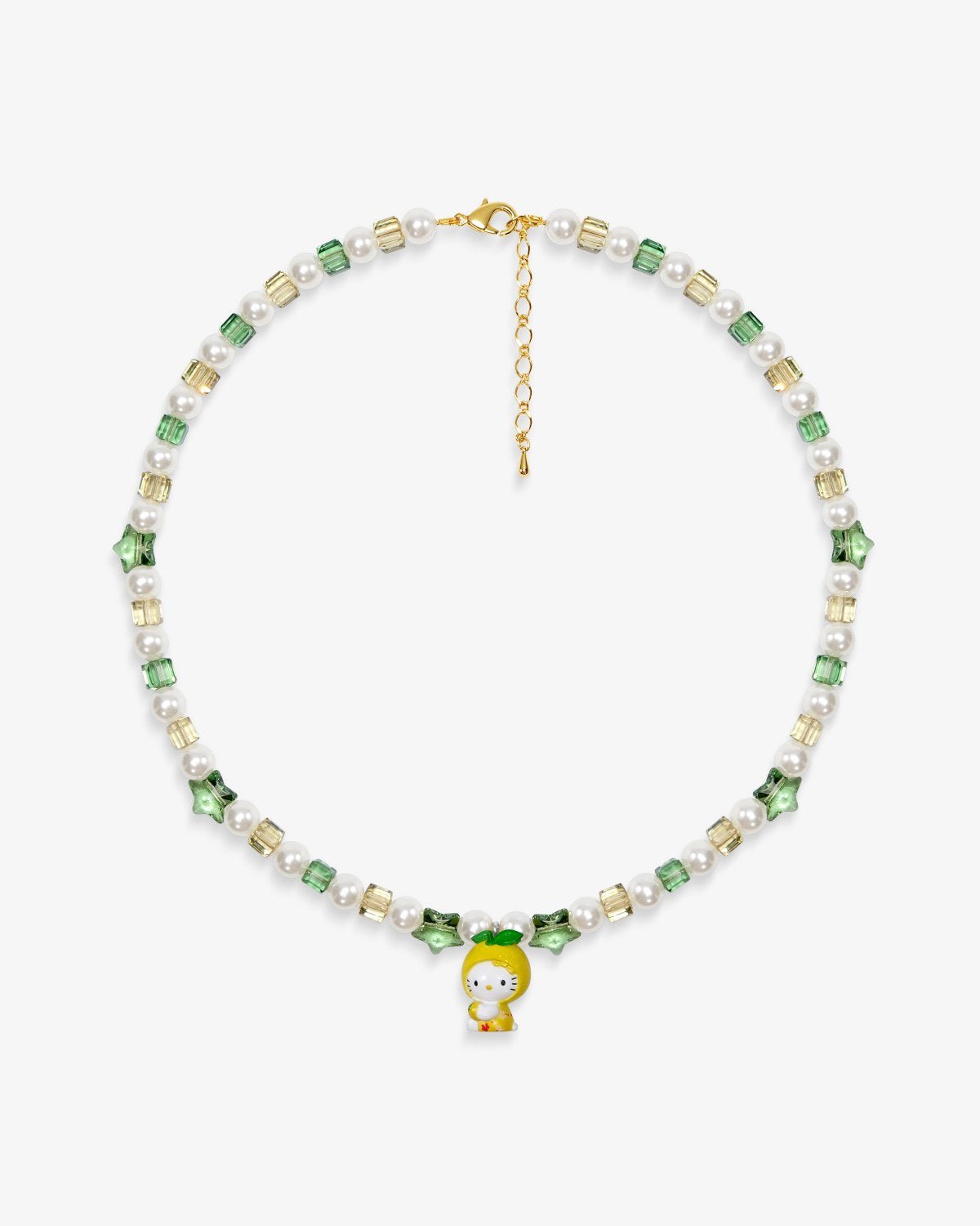 Handmade green and yellow Swarovski crystal and pearl charm necklace with vintage pendant - flat lay