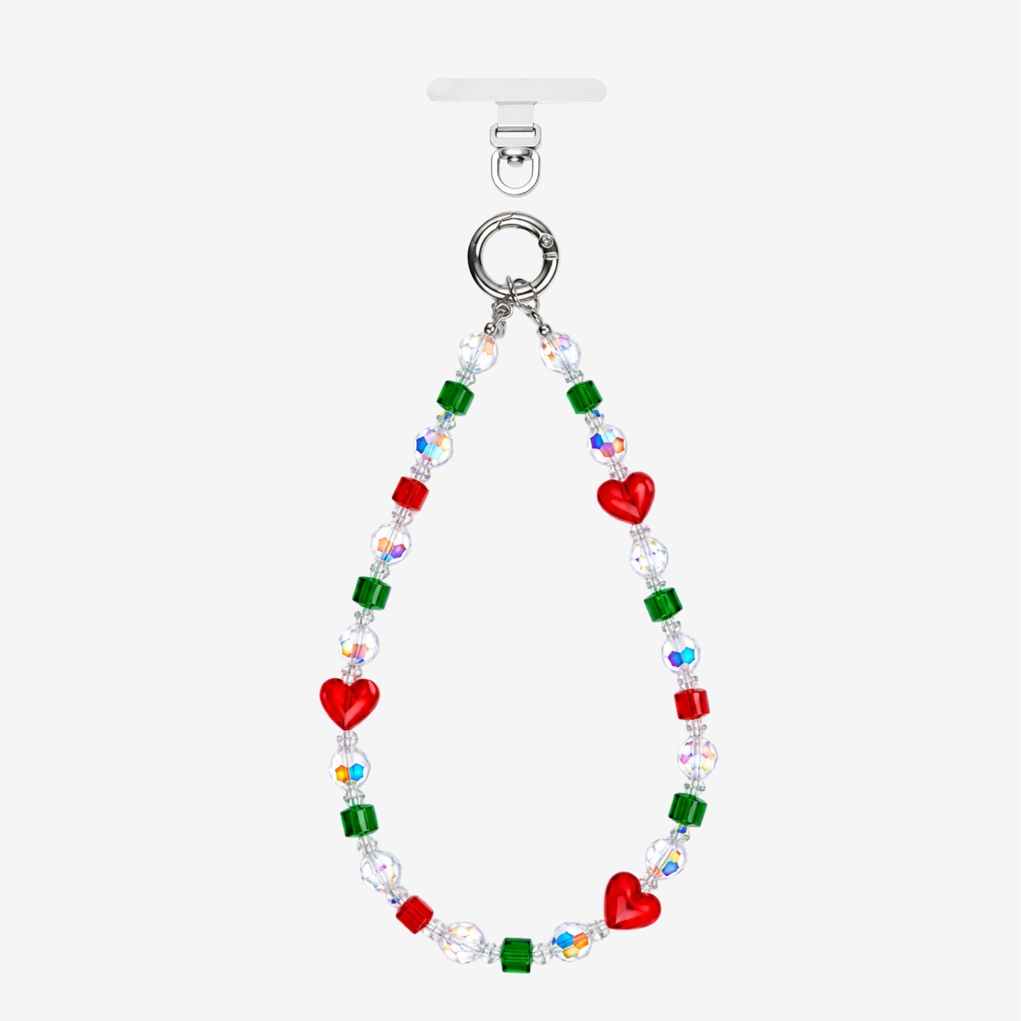 Red heart crystal phone chain with green and red cube beads, iridescent accents and silver-tone attachment rings.