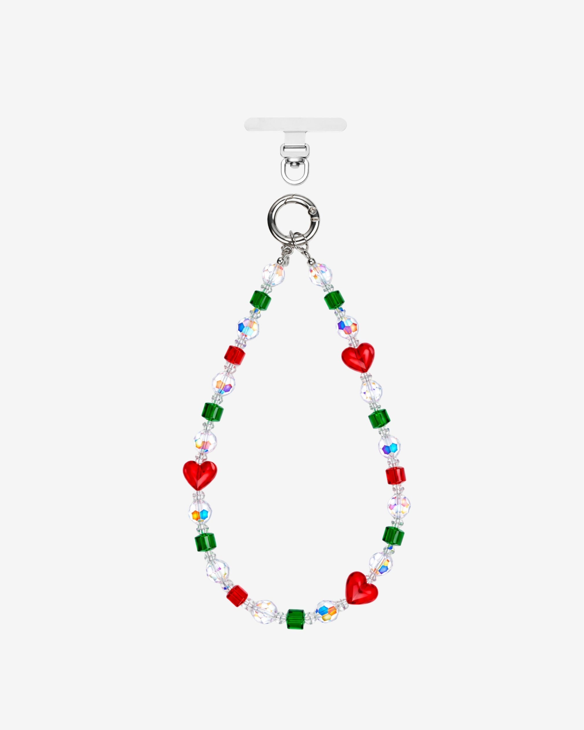 Red heart crystal phone chain with green and red cube beads, iridescent accents and silver-tone attachment rings.