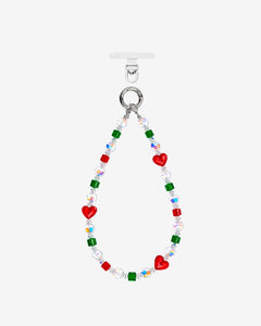 Red heart crystal phone chain with green and red cube beads, iridescent accents and silver-tone attachment rings.