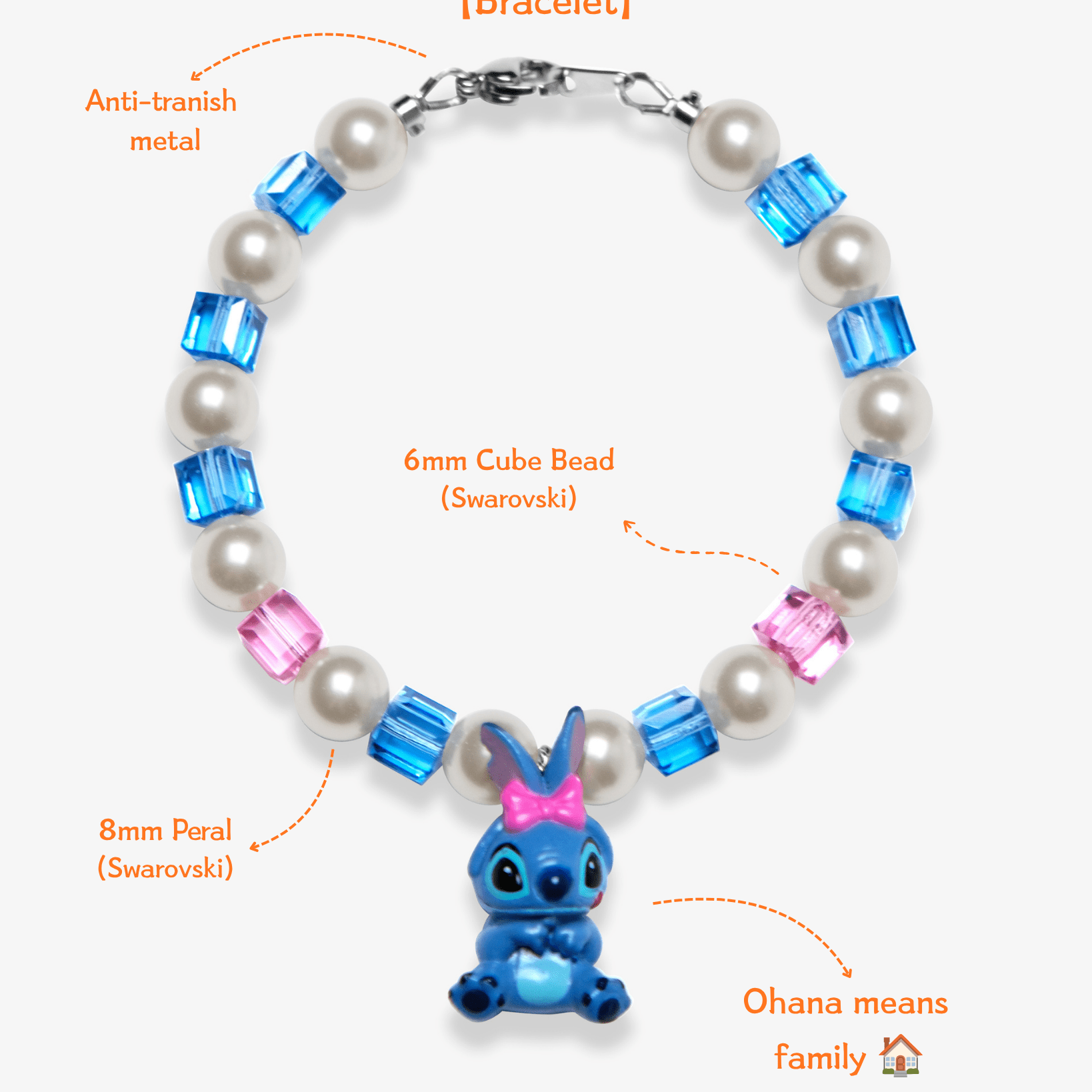 Close-up detail of Blue Bow Character Charm Bracelet · handmade Swarovski crystal jewelry