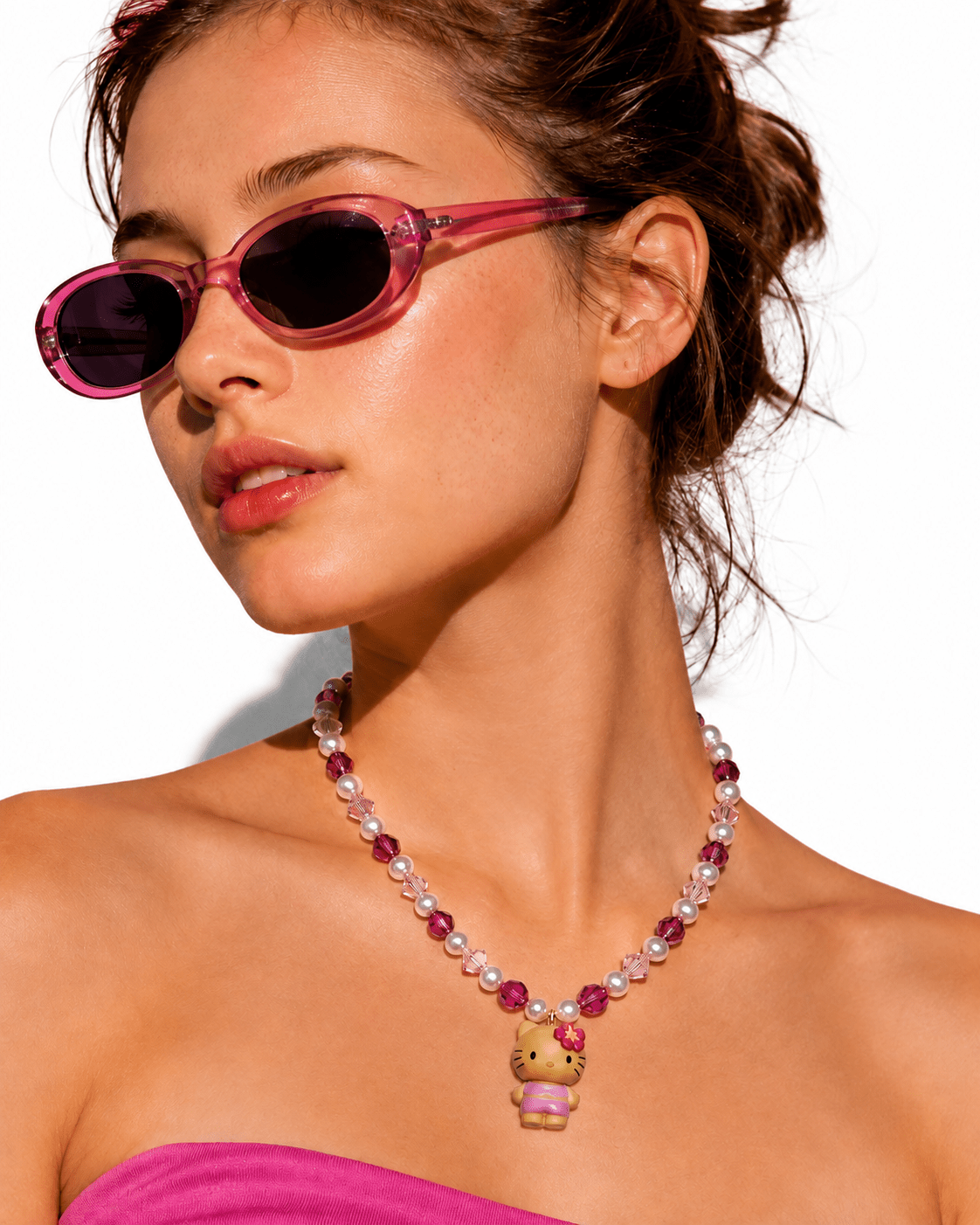 Product photo of Pink Pearl Cat Charm Necklace by Shinora Studio.