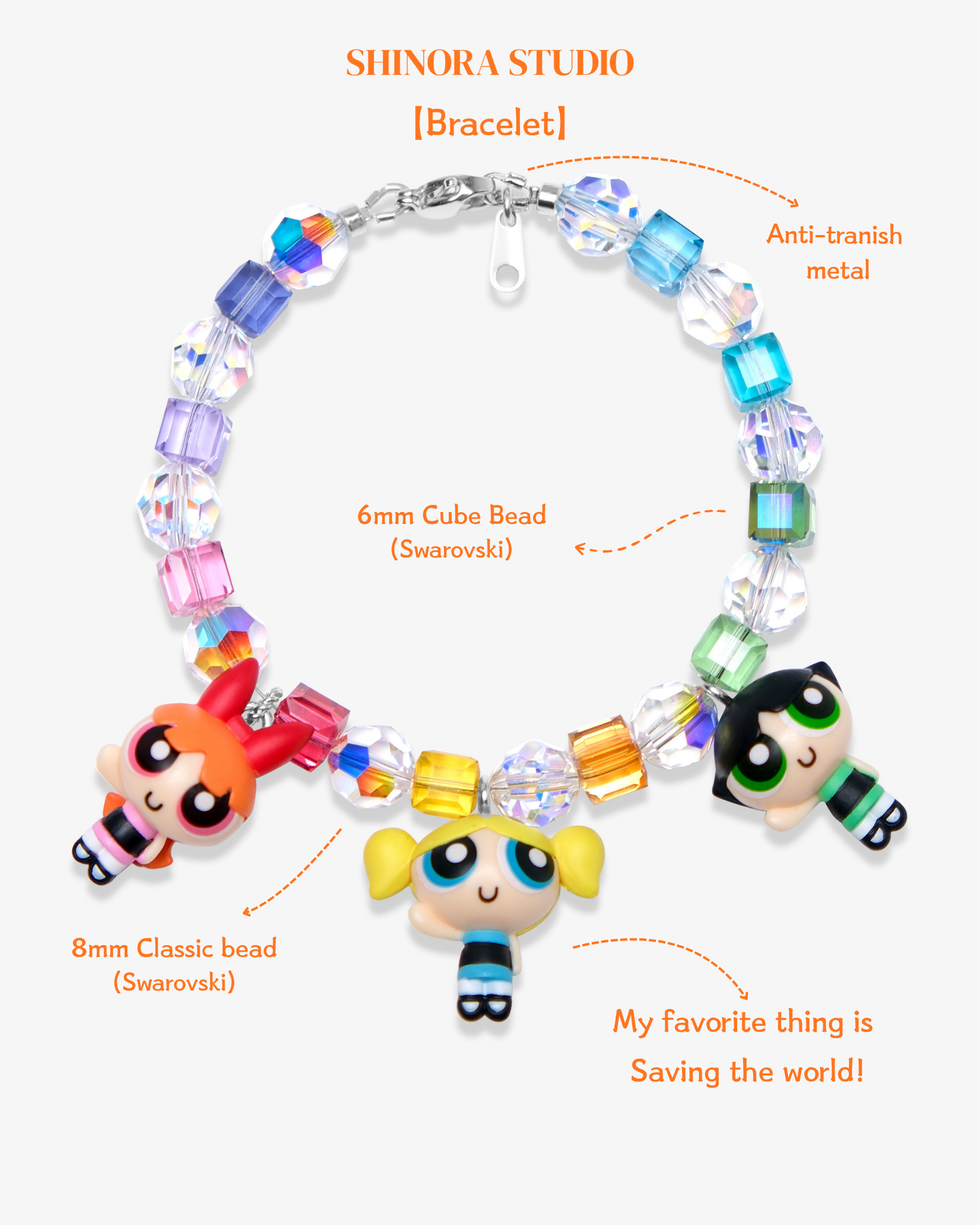 Close-up detail of Rainbow Hero Trio Crystal Charm Bracelet · handmade Swarovski crystal jewelry