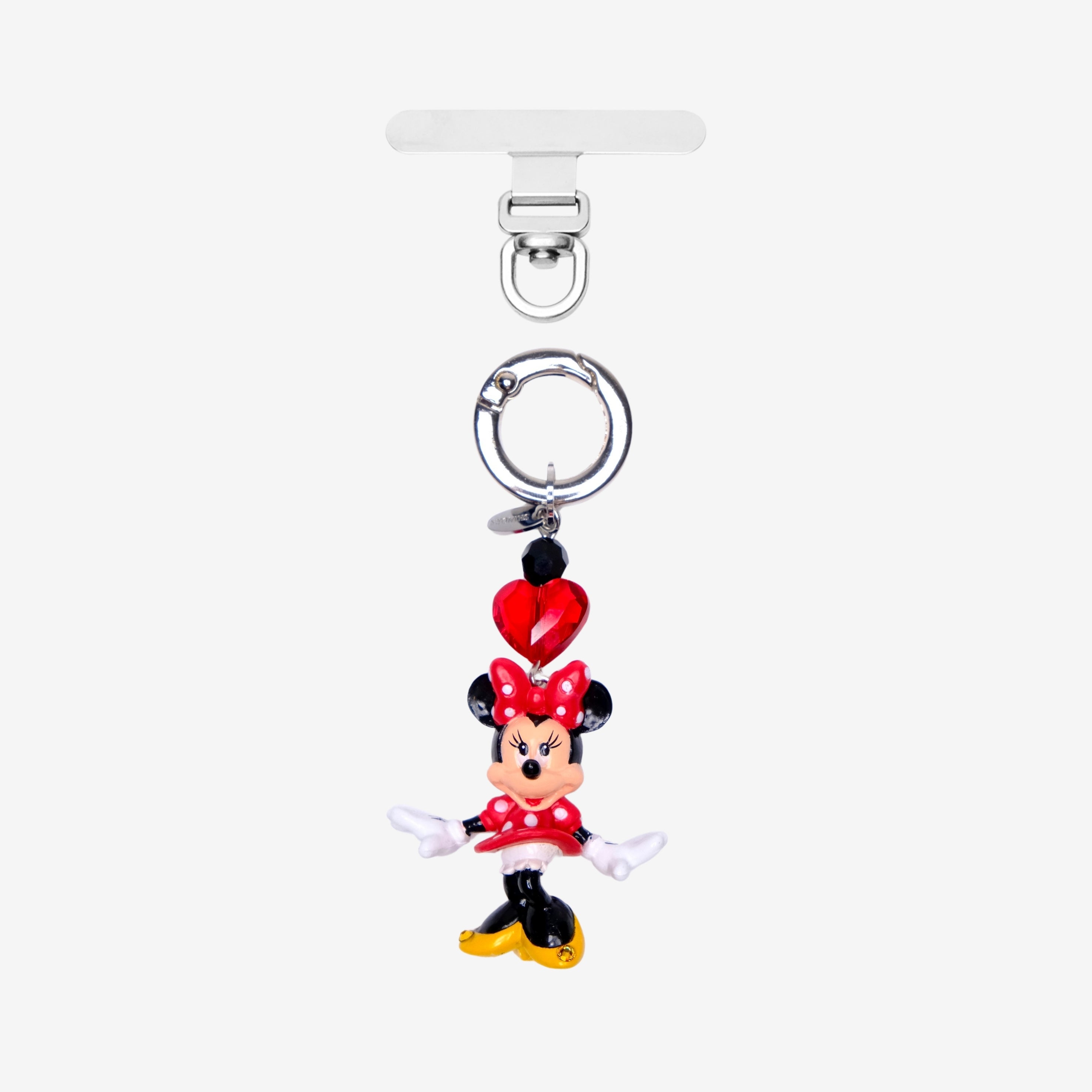 Detachable phone charm with a red-bow mouse figure, red heart crystal, black crystal accents and a silver-tone ring.