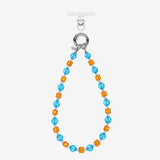 Blue and orange crystal phone chain with round blue beads, orange cubes and silver-tone attachment rings.