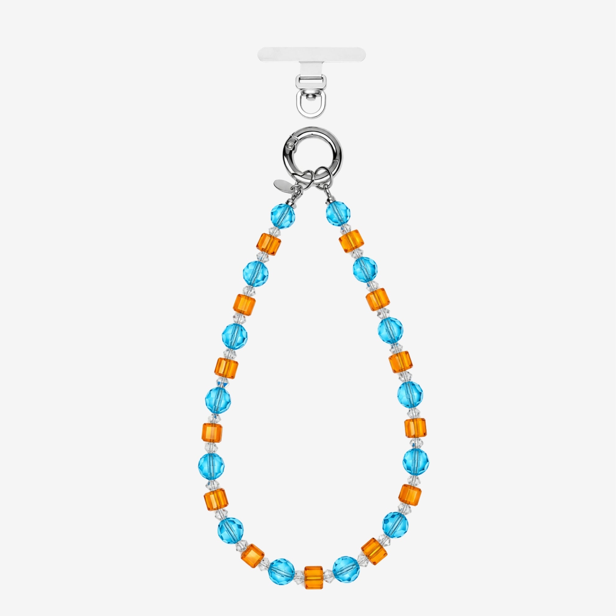 Blue and orange crystal phone chain with round blue beads, orange cubes and silver-tone attachment rings.