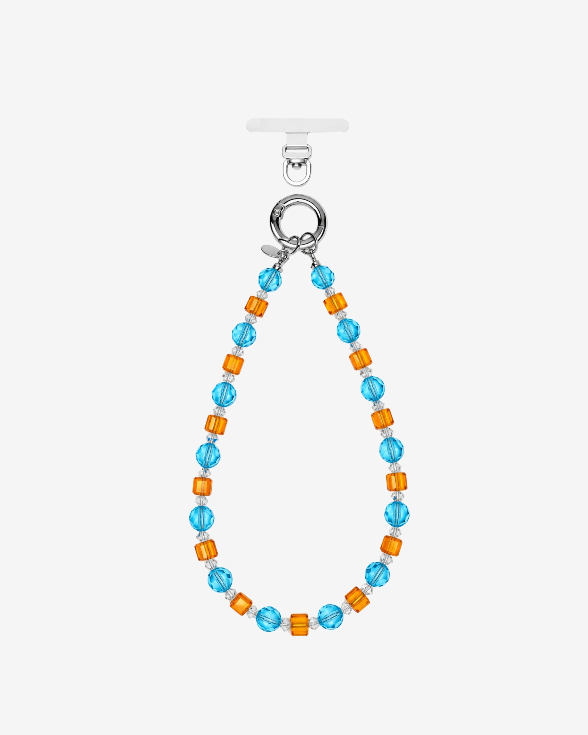 Blue and orange crystal phone chain with round blue beads, orange cubes and silver-tone attachment rings.