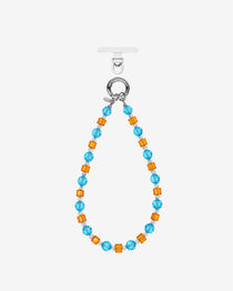 Blue and orange crystal phone chain with round blue beads, orange cubes and silver-tone attachment rings.