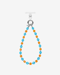 Blue and orange crystal phone chain with round blue beads, orange cubes and silver-tone attachment rings.