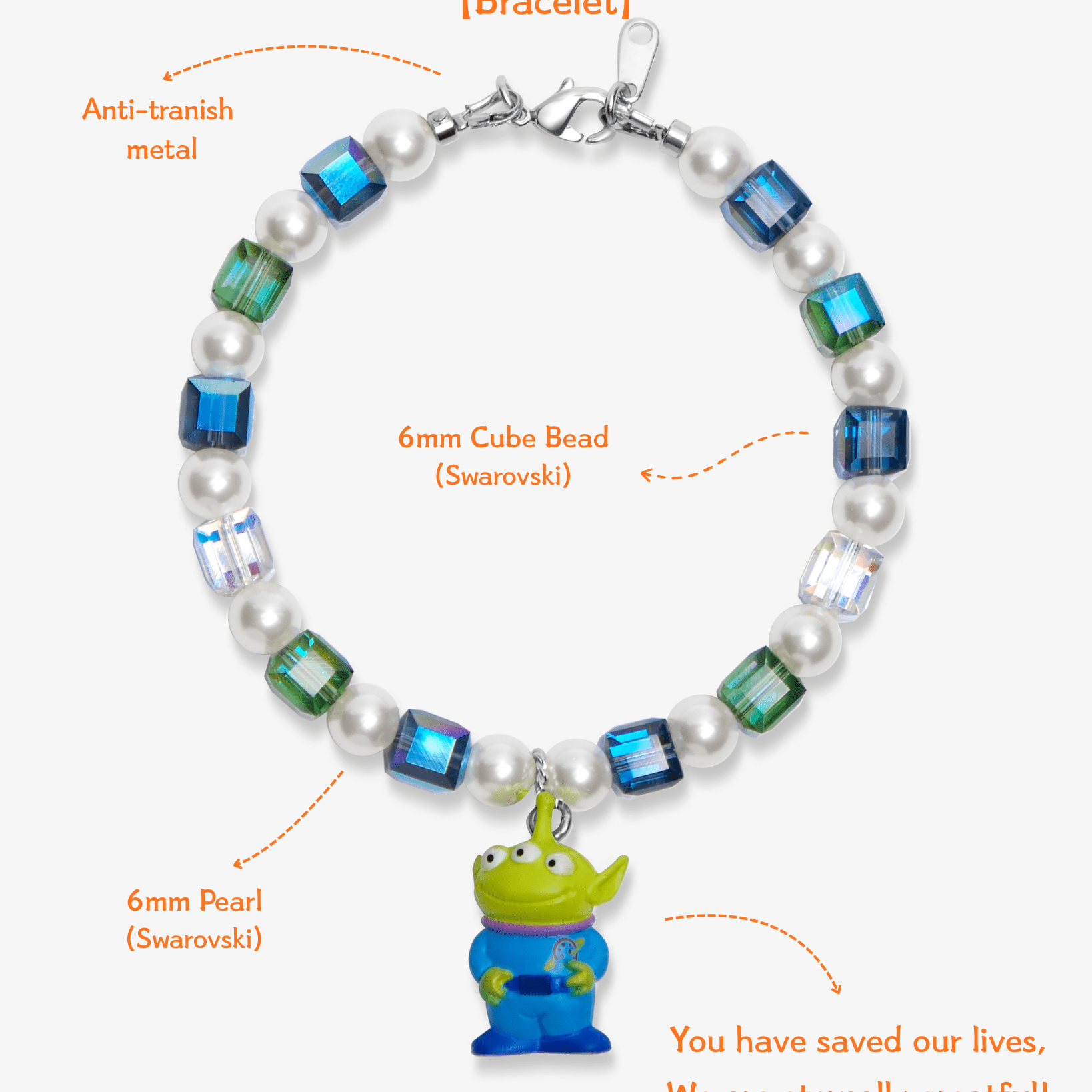 Close-up detail of Cosmic Alien Charm Bracelet · handmade Swarovski crystal jewelry