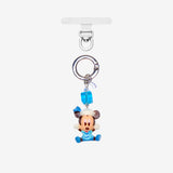 Mouse phone charm in blue sailor clothing with a blue crystal cube and silver-tone attachment hardware on white.