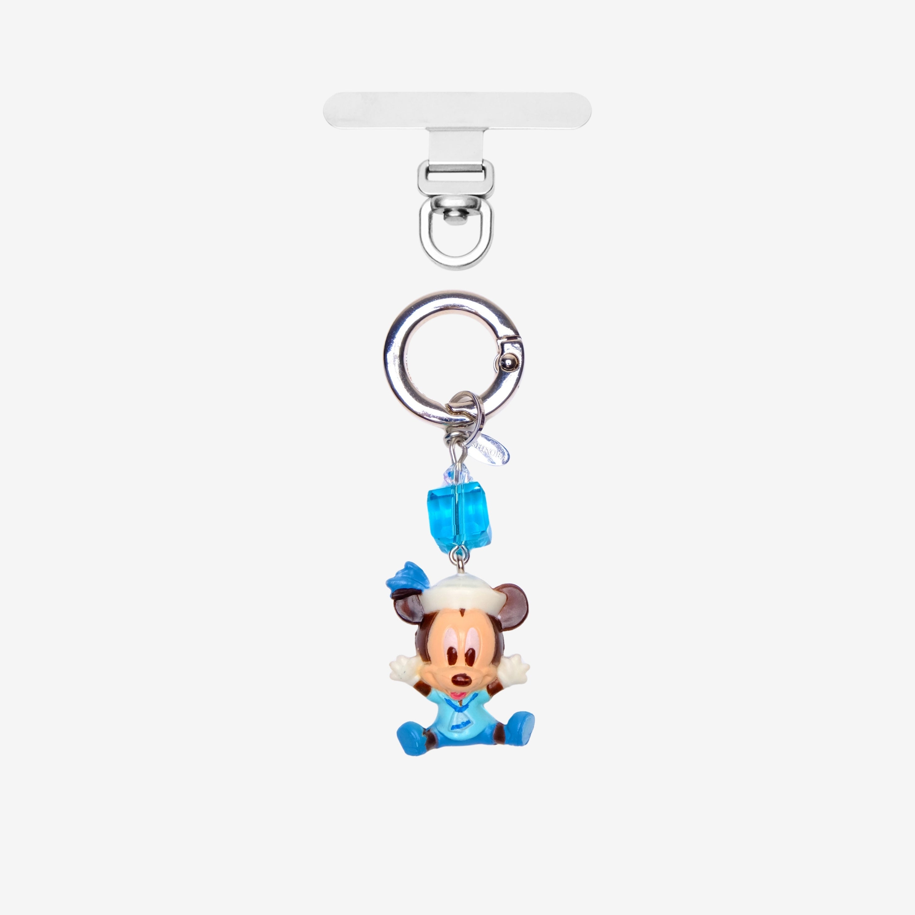 Mouse phone charm in blue sailor clothing with a blue crystal cube and silver-tone attachment hardware on white.