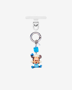 Mouse phone charm in blue sailor clothing with a blue crystal cube and silver-tone attachment hardware on white.