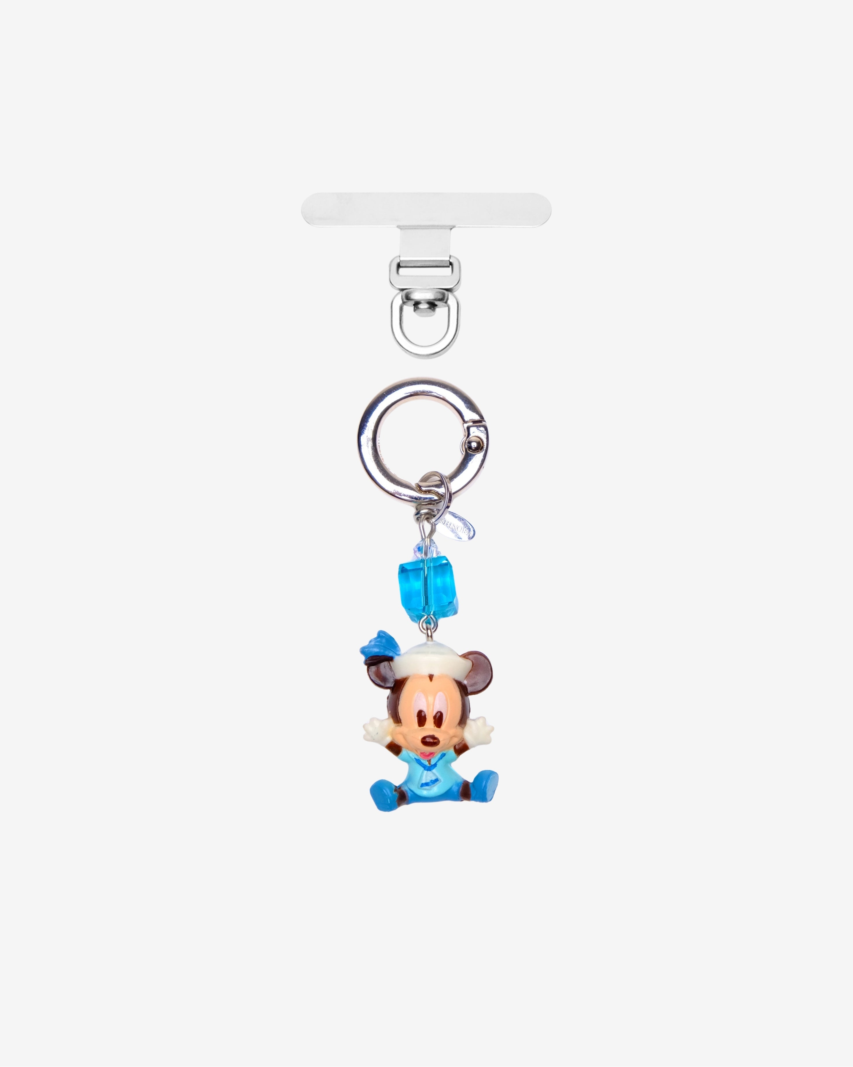 Mouse phone charm in blue sailor clothing with a blue crystal cube and silver-tone attachment hardware on white.