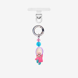 Detachable phone charm with a pink hooded figure, a turquoise bead, pink crystal accent and a silver-tone ring.