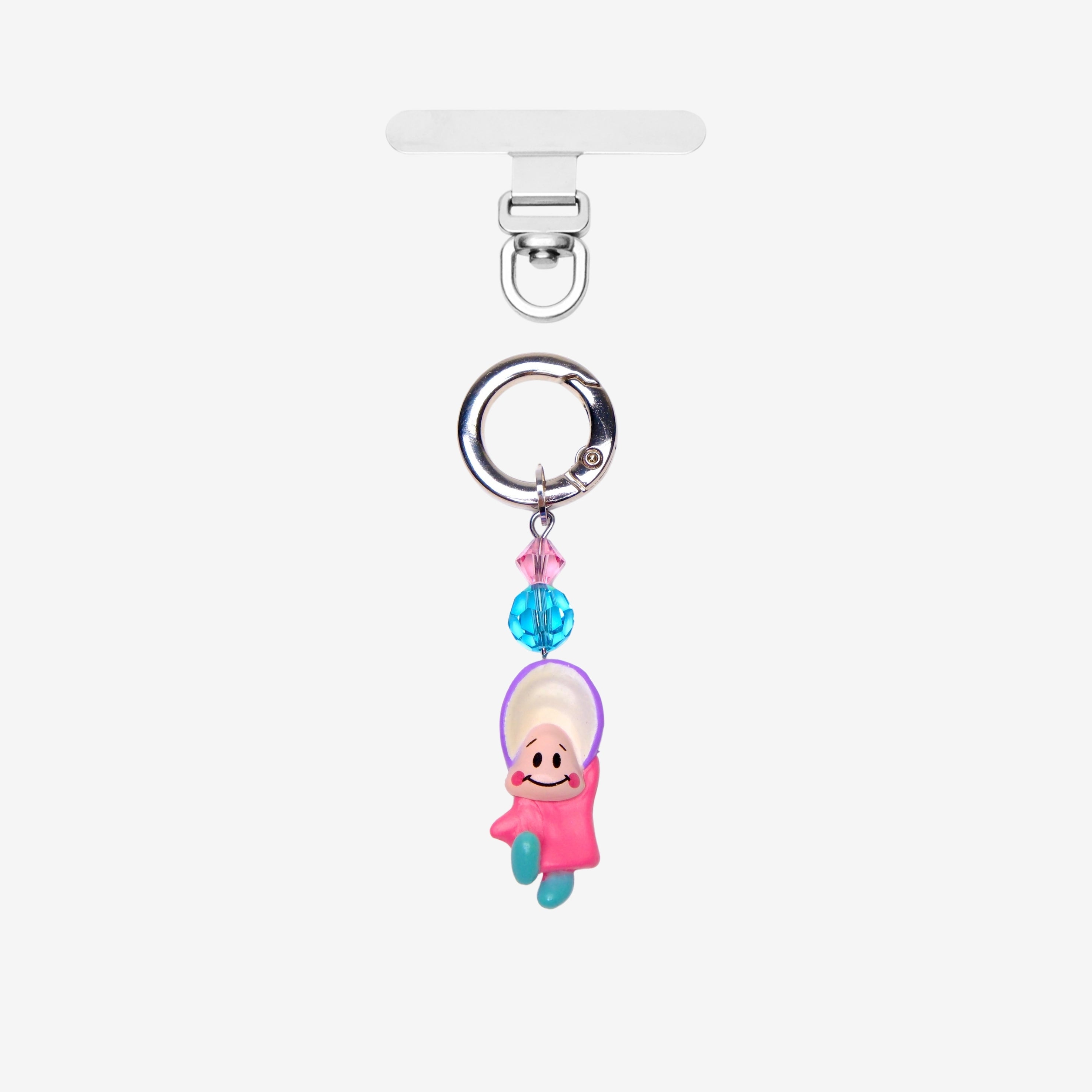 Detachable phone charm with a pink hooded figure, a turquoise bead, pink crystal accent and a silver-tone ring.