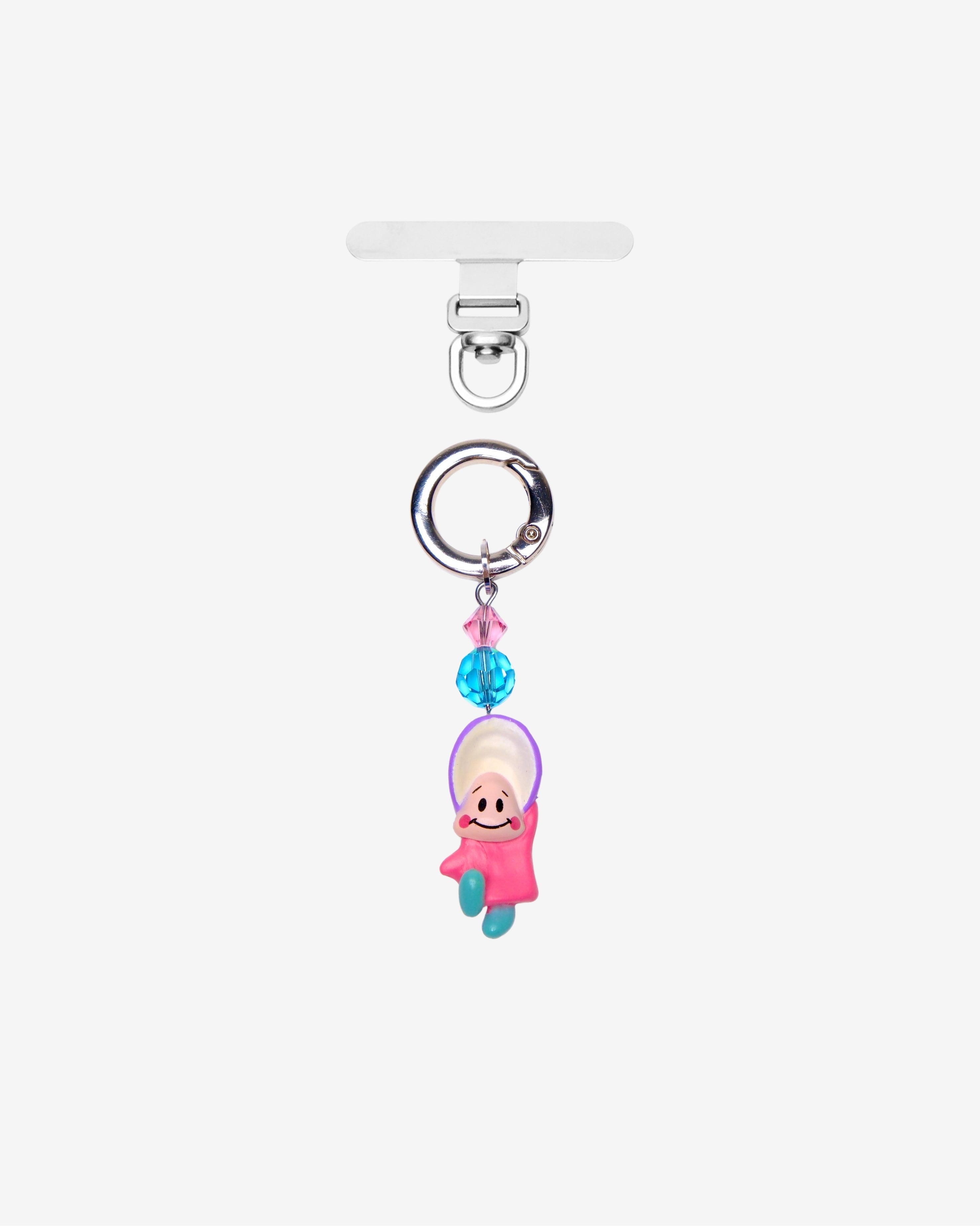 Detachable phone charm with a pink hooded figure, a turquoise bead, pink crystal accent and a silver-tone ring.