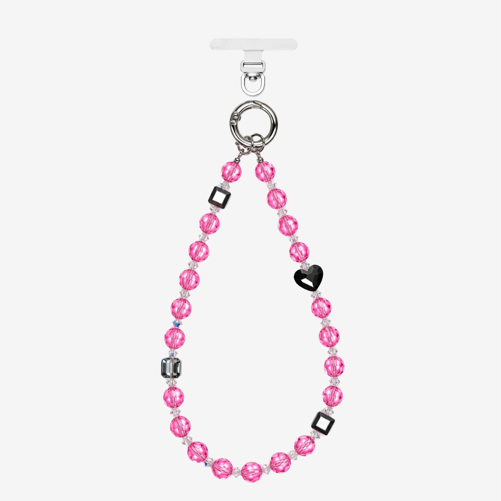 Pink crystal beaded phone chain with a black heart, dark geometric beads and silver-tone attachment rings.