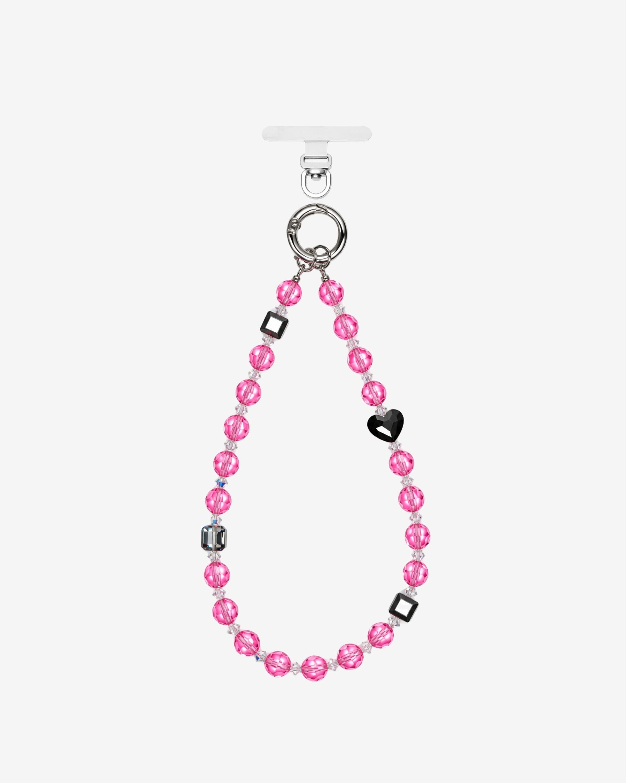 Pink crystal beaded phone chain with a black heart, dark geometric beads and silver-tone attachment rings.