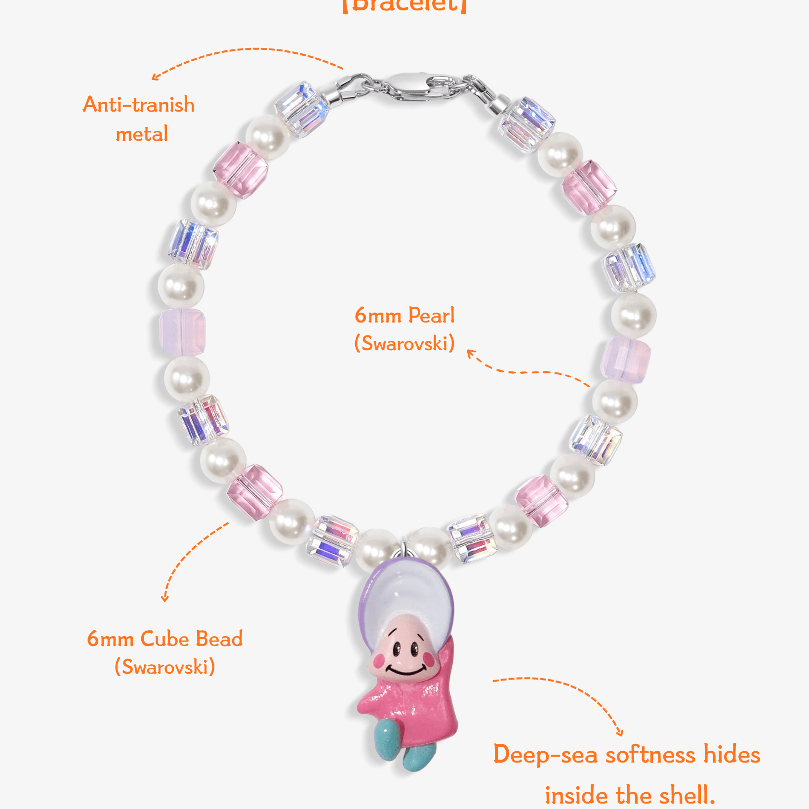 Close-up detail of Pearl Baby Charm Bracelet · handmade Swarovski crystal jewelry