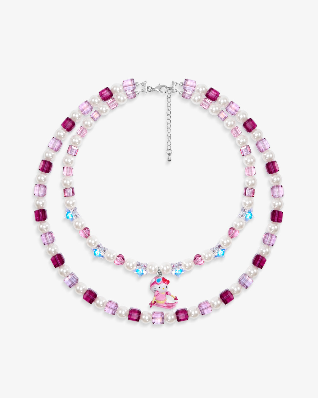 Handmade pink Swarovski crystal and pearl double-layer charm necklace with vintage pendant - flat lay