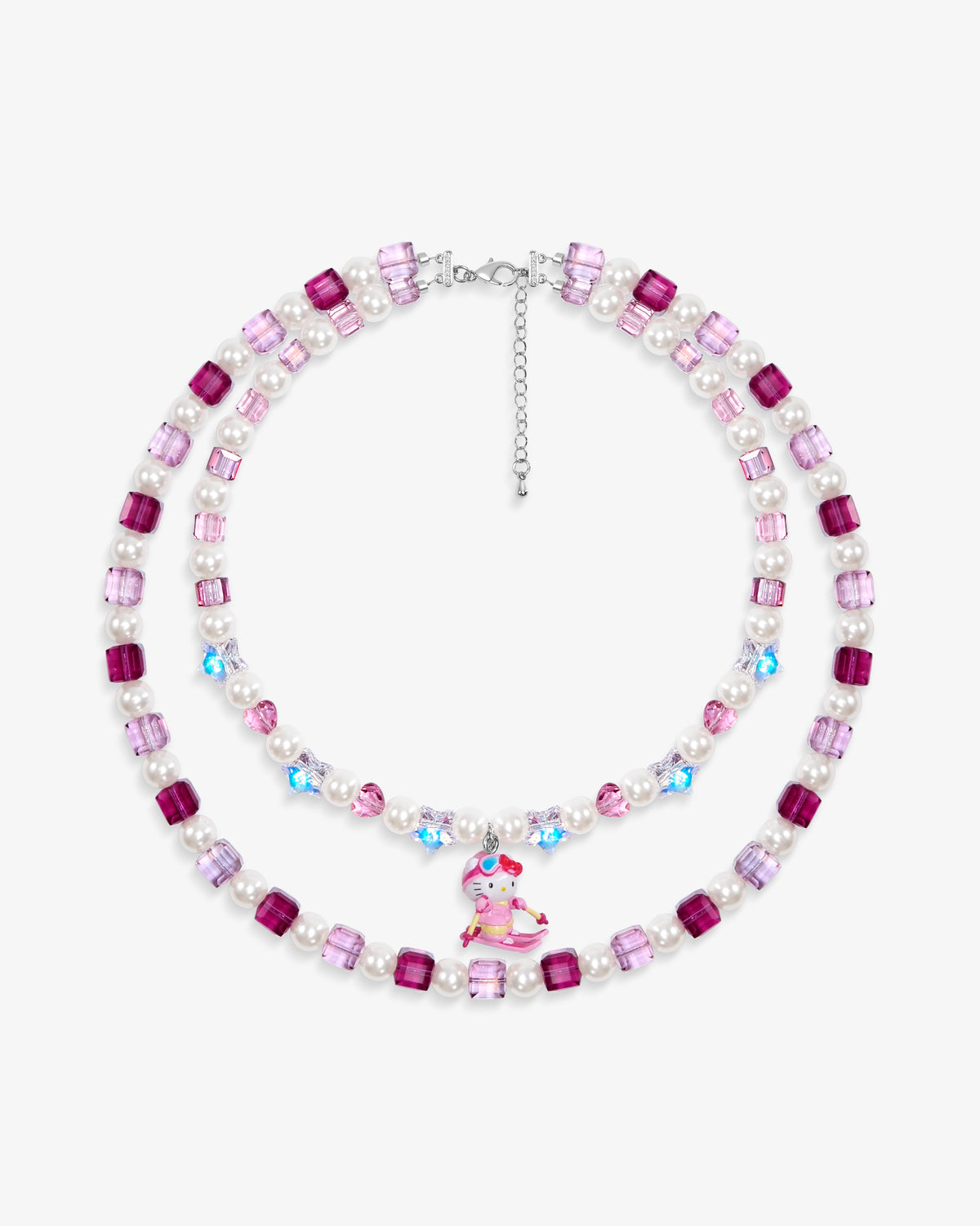 Handmade pink Swarovski crystal and pearl double-layer charm necklace with vintage pendant - flat lay