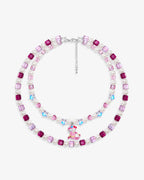 Handmade pink Swarovski crystal and pearl double-layer charm necklace with vintage pendant - flat lay