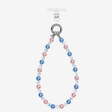 Pink and blue pearl-effect beaded phone chain with clear crystal accents and silver-tone attachment rings.