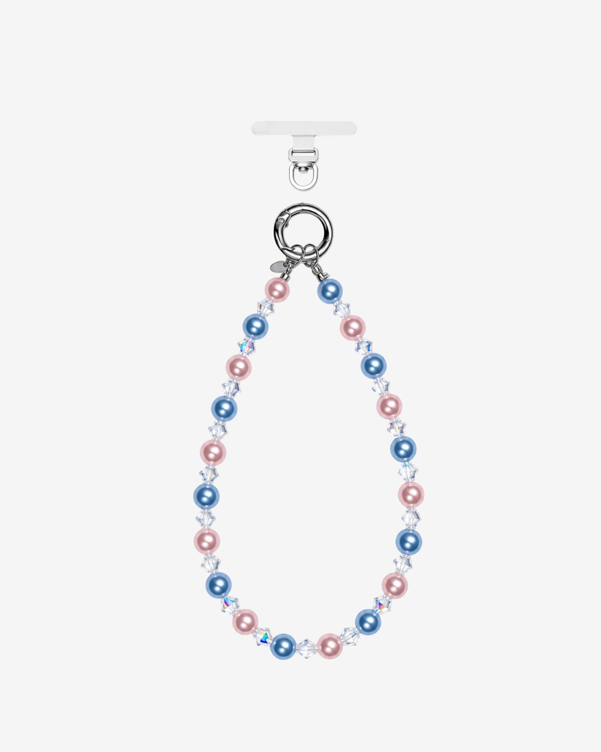 Pink and blue pearl-effect beaded phone chain with clear crystal accents and silver-tone attachment rings.