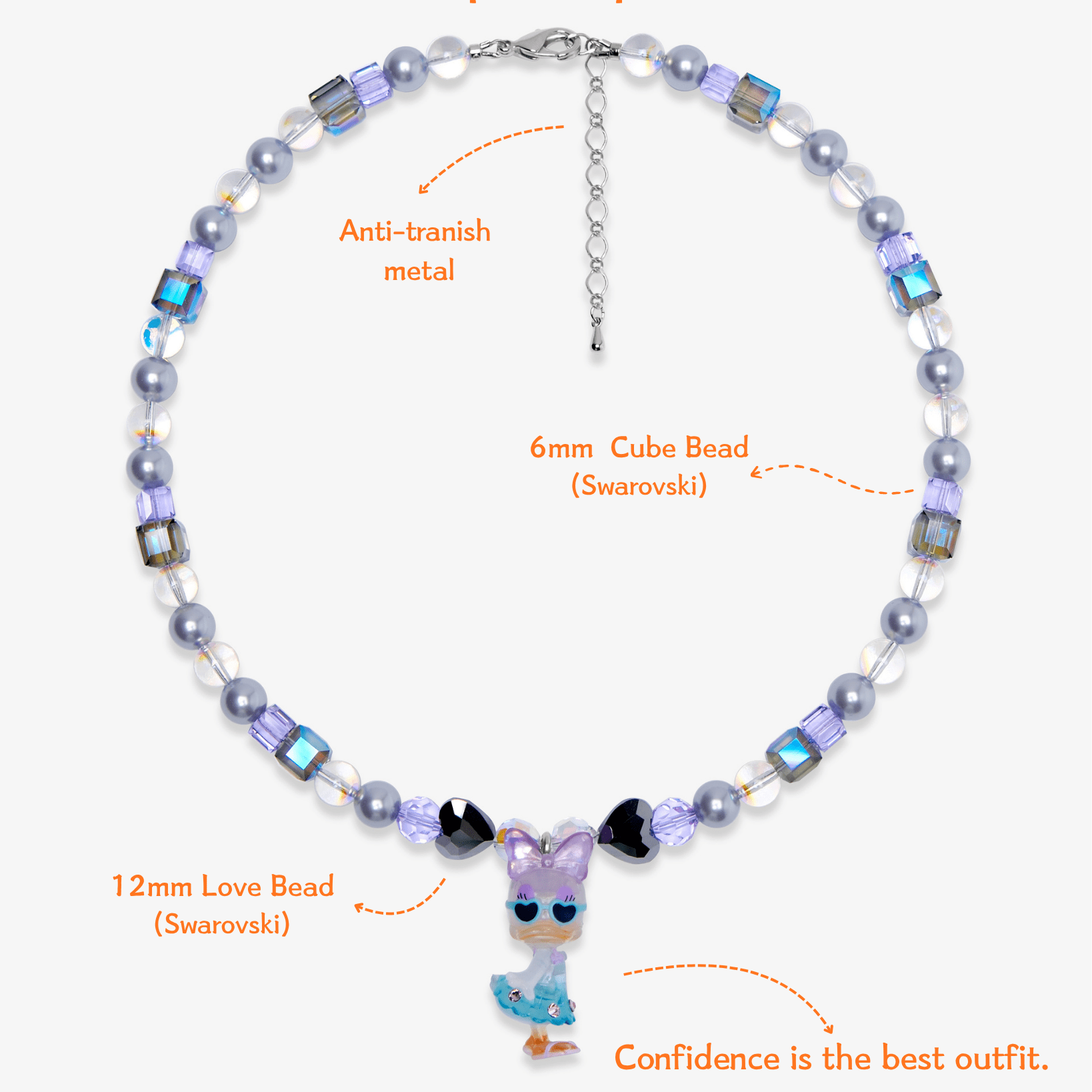 Close-up detail of Lavender & Blue Duck Charm Necklace · handmade Swarovski crystal jewelry