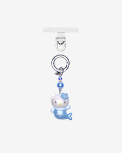 Blue mermaid cat phone charm with a blue crystal accent, silver ring and clear attachment tab.