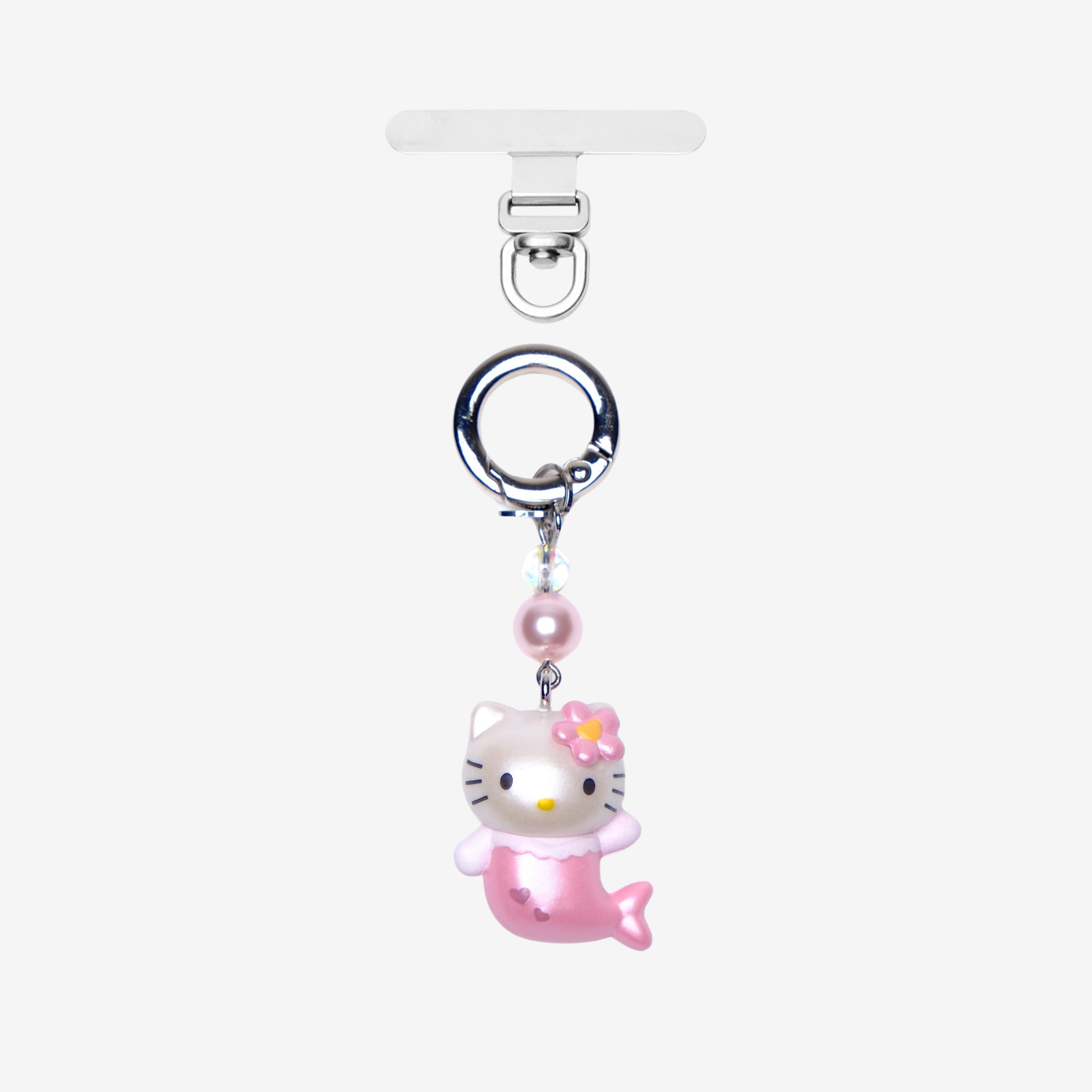 Pink mermaid cat phone charm with a pink crystal accent, silver ring and clear attachment tab.