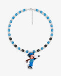 Handmade blue Swarovski crystal and pearl charm necklace with vintage pendant - flat lay