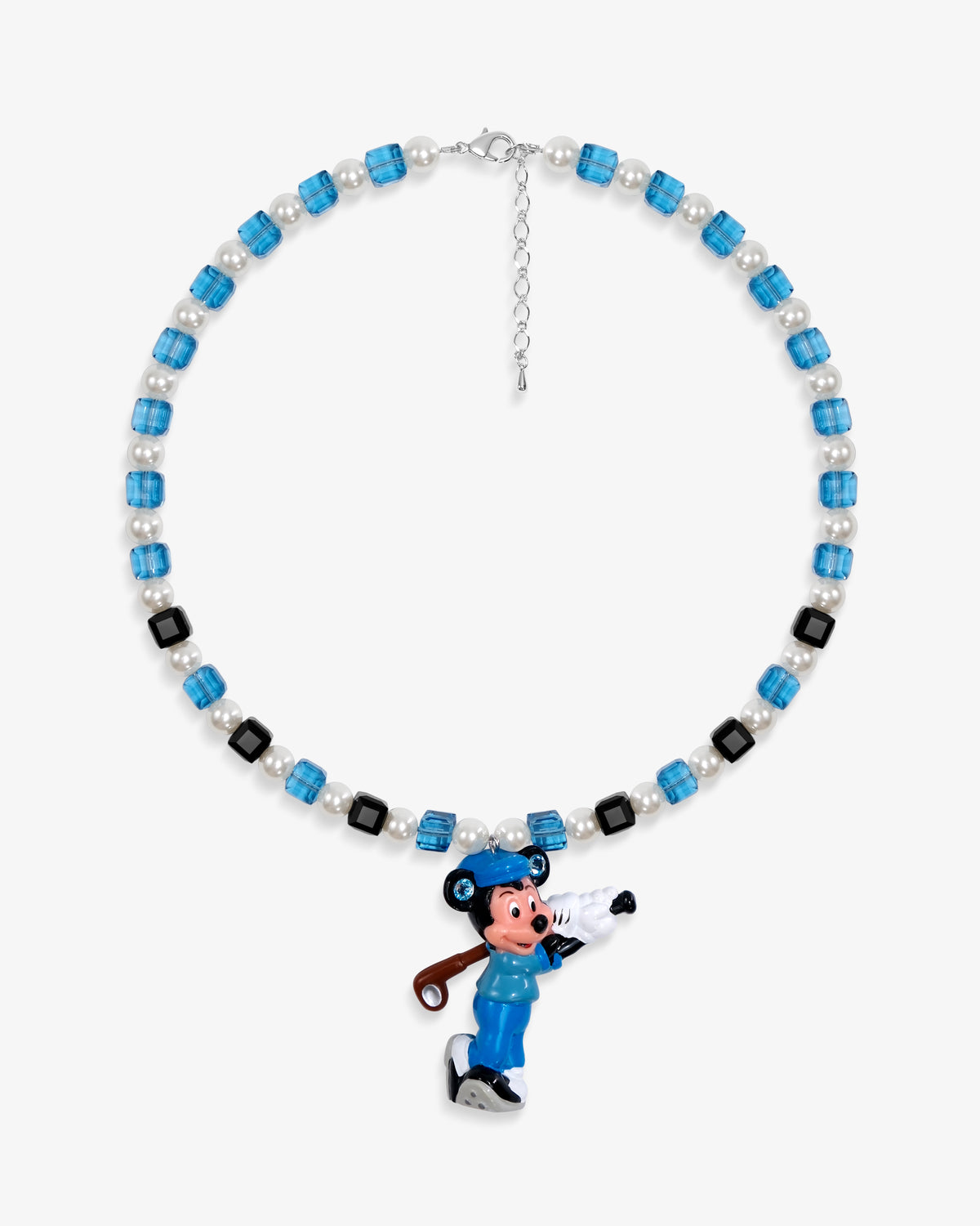 Handmade blue Swarovski crystal and pearl charm necklace with vintage pendant - flat lay