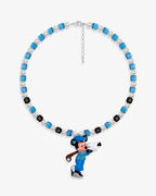 Handmade blue Swarovski crystal and pearl charm necklace with vintage pendant - flat lay