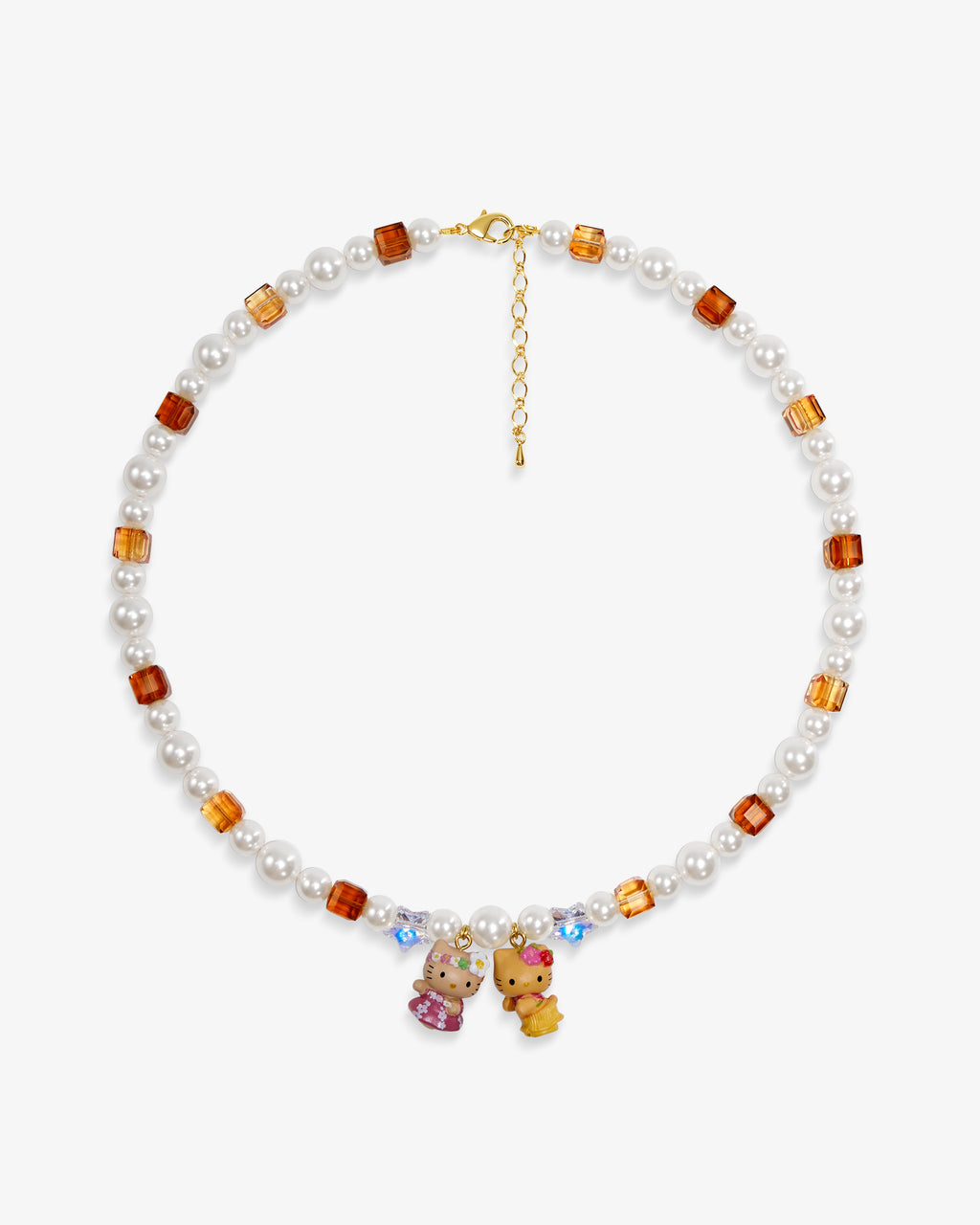 Handmade amber and white Swarovski crystal and pearl charm necklace with dual vintage pendants - flat lay
