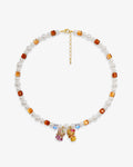 Handmade amber and white Swarovski crystal and pearl charm necklace with dual vintage pendants - flat lay