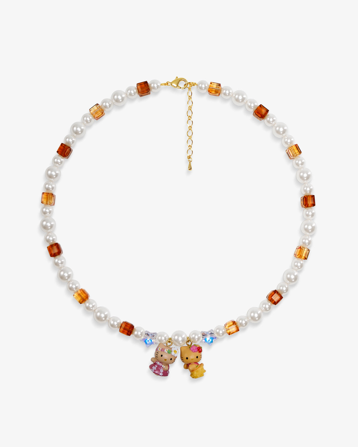 Handmade amber and white Swarovski crystal and pearl charm necklace with dual vintage pendants - flat lay