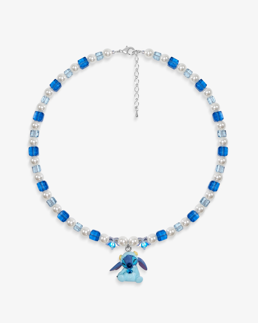 Handmade blue Swarovski crystal and pearl charm necklace with vintage pendant and cube beads - flat lay