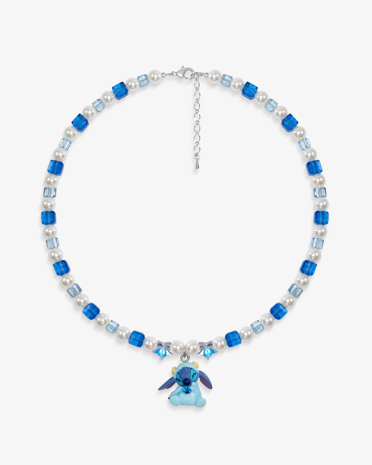 Handmade blue Swarovski crystal and pearl charm necklace with vintage pendant and cube beads - flat lay