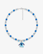 Handmade blue Swarovski crystal and pearl charm necklace with vintage pendant and cube beads - flat lay