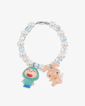 Handmade blue iridescent Swarovski crystal and pearl charm bracelet with vintage pendants - flat lay