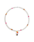 Handmade pink and amber Swarovski crystal and pearl charm necklace with vintage pendant - flat lay